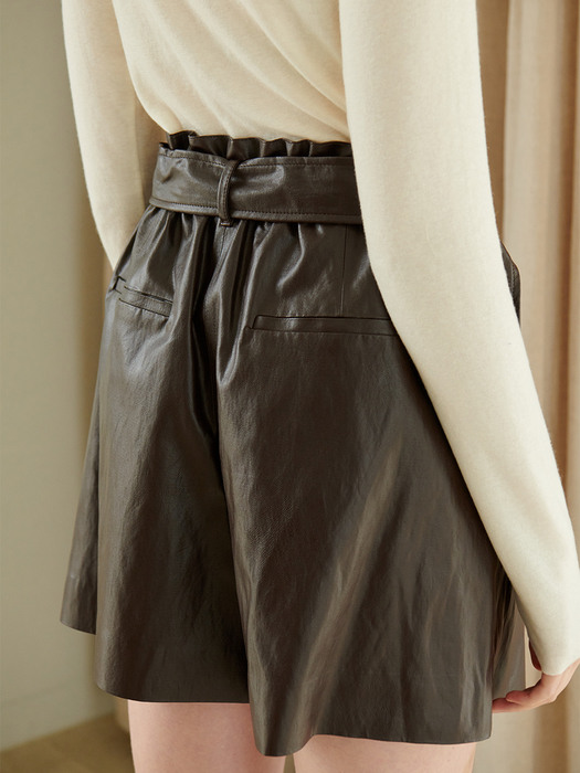Banding lether shorts-D/Brown