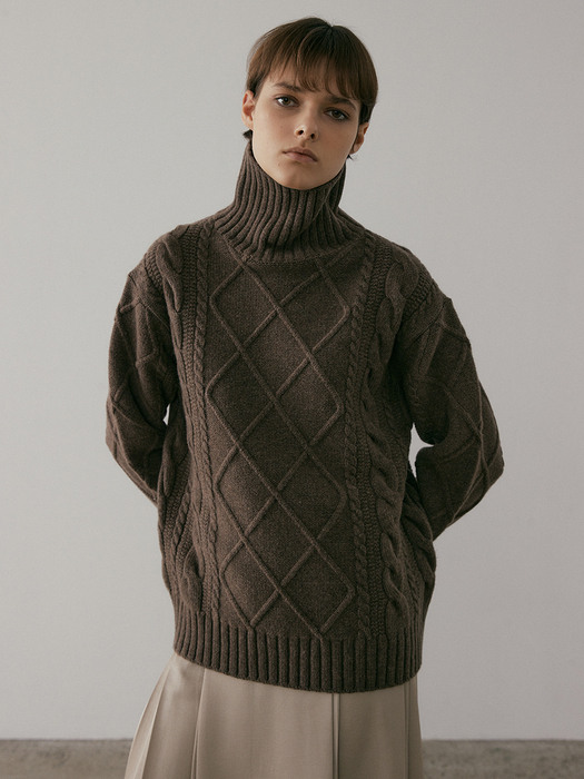 CABLE TURTLENECK SWEATER (BROWN)