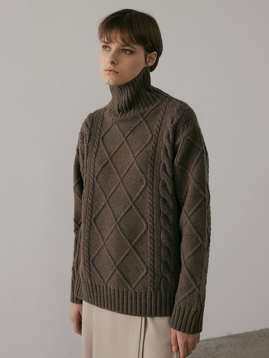 CABLE TURTLENECK SWEATER (BROWN)