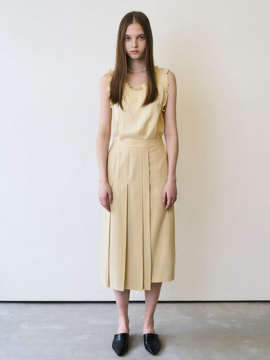 22 Spring_ Yellow Asymmetry Pleats Midi Skirt