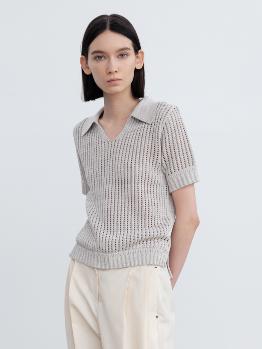 KNITTED SHORT SLEEVES COLLARED TOP MB