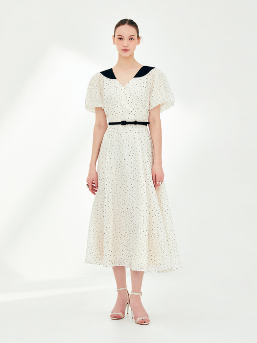 [미전시]KINSLEY Volume sleeve wrap detail dress (Cream dot)