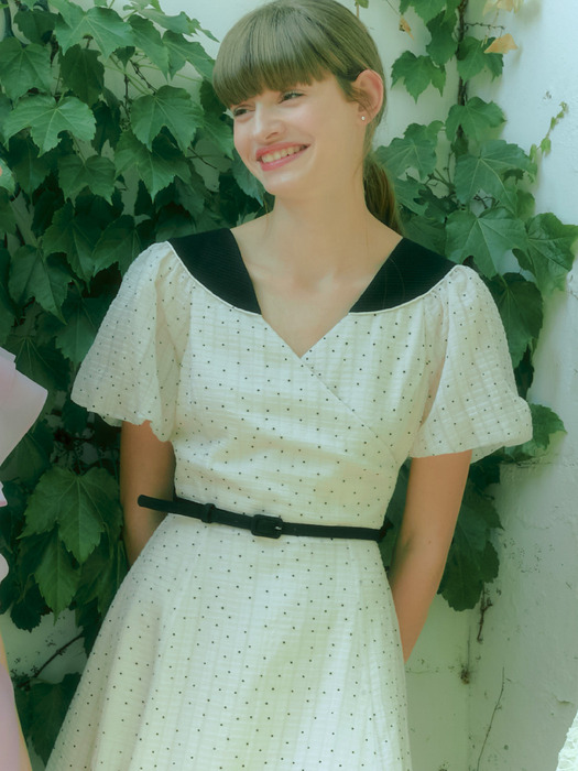 [미전시]KINSLEY Volume sleeve wrap detail dress (Cream dot)