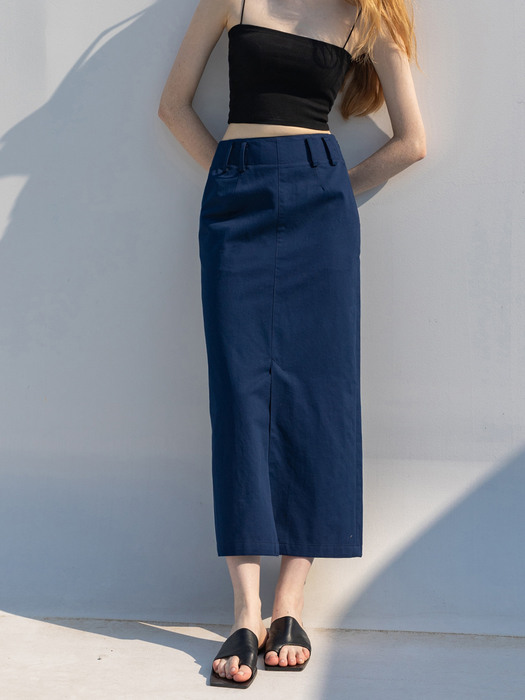Linen Cotton Belted Long Skirt_Cobalt Navy