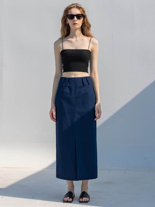 Linen Cotton Belted Long Skirt_Cobalt Navy