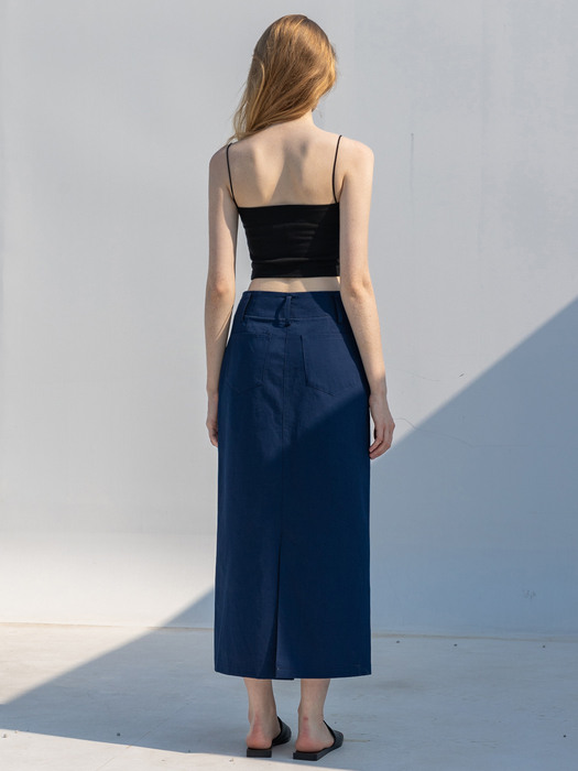 Linen Cotton Belted Long Skirt_Cobalt Navy