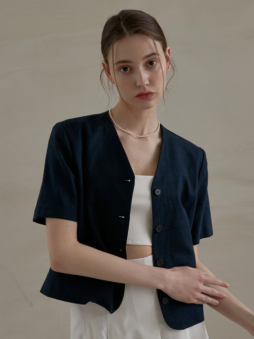 j982 linen short jacket (navy)