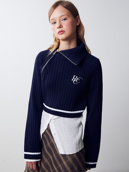 RCC Oblique Line Crop Knit Half Zipup [NAVY]