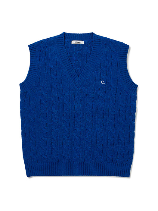 Cable Wool V-Neck Vest (Blue)