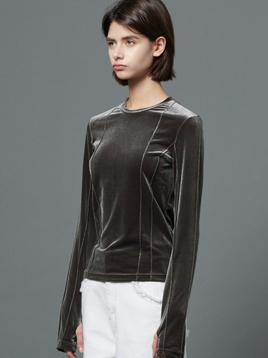 Pin-tuck velvet long sleeve T-shirt - Dark warm gray