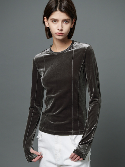 Pin-tuck velvet long sleeve T-shirt - Dark warm gray