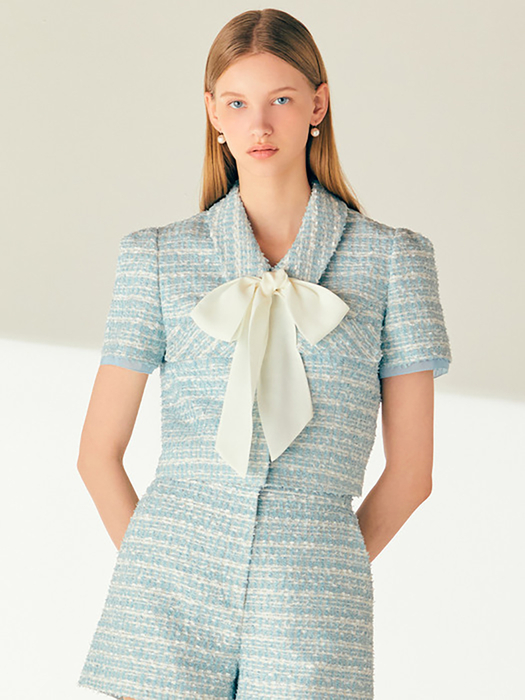 YESICA Ribbon tied tweed cropped jacket (Pale coral pink/Minty blue)