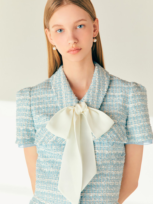 YESICA Ribbon tied tweed cropped jacket (Pale coral pink/Minty blue)