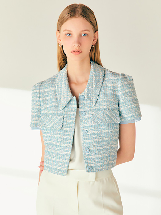 YESICA Ribbon tied tweed cropped jacket (Pale coral pink/Minty blue)