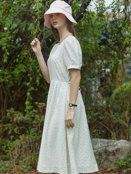 Neckline Floral Half-sleeves dress - Ivory