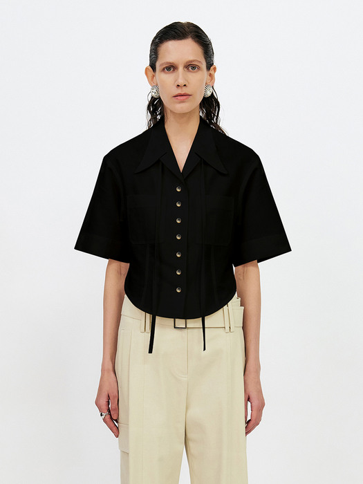 HLAF-SLEEVED CROPPED SHIRT WITH NECK STRAP TIE DETAIL - BLACK