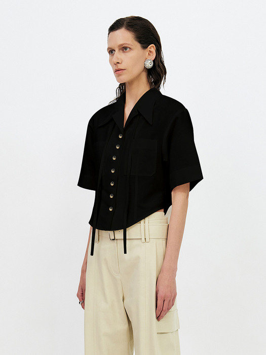 HLAF-SLEEVED CROPPED SHIRT WITH NECK STRAP TIE DETAIL - BLACK