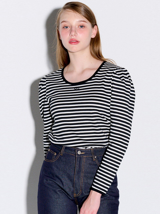 Ribbon detail ribbed puff top_Stripe Black