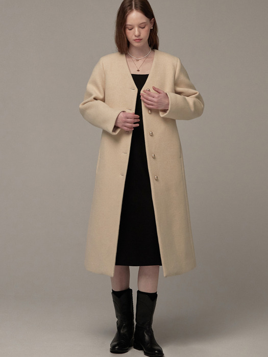 V-neck gold button long coat - Cream beige