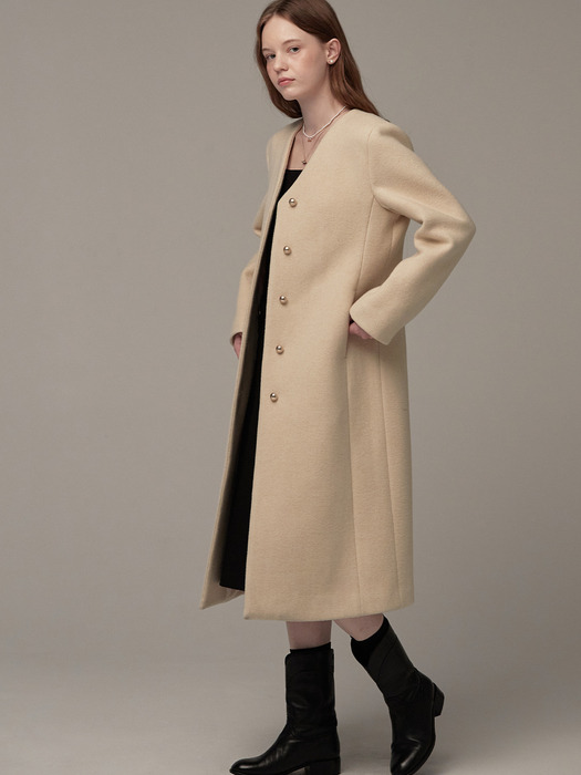 V-neck gold button long coat - Cream beige