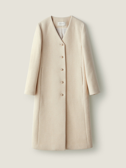 V-neck gold button long coat - Cream beige