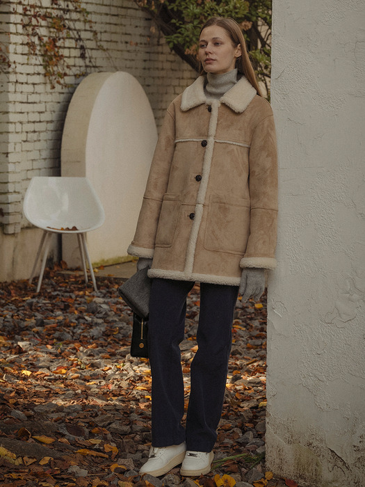 Wool shearing collar suede mustang coat_Beige