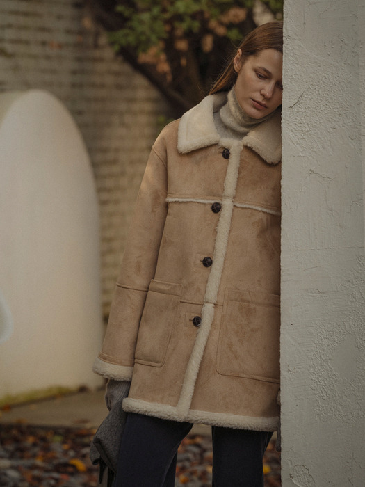 Wool shearing collar suede mustang coat_Beige