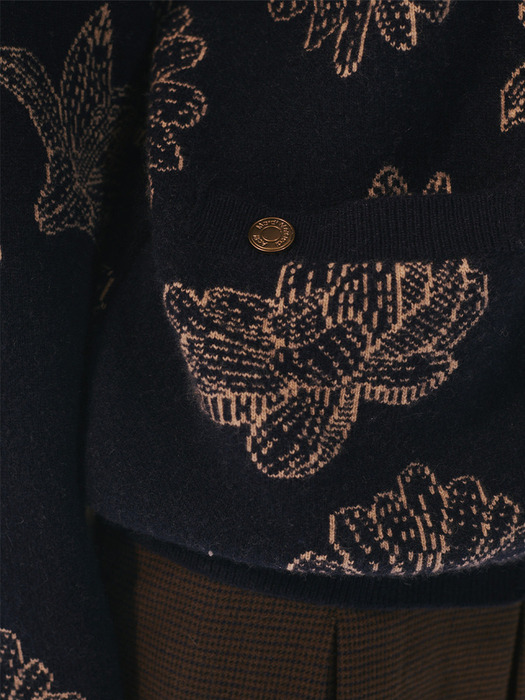 CASHMERE BLENDED KNIT CARDIGAN ALL OVER FLOWERS_NAVY BEIGE