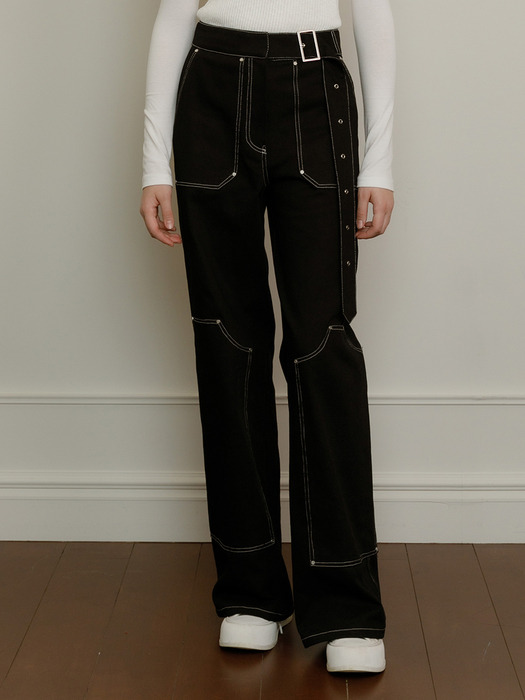 Belted stitch denim work pants (black)
