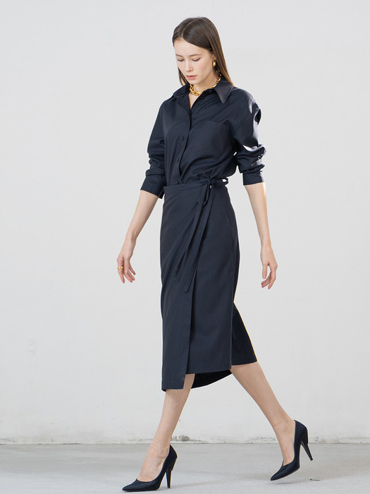 Wrap skirt style shirt dress - navy