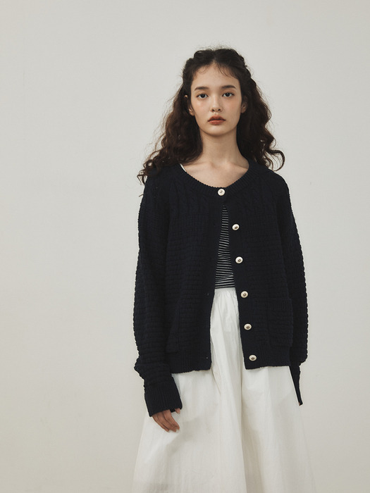 Cotton Cable Cardigan Knit Navy