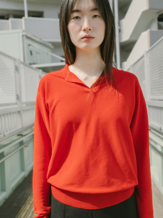 COTTON LOOSE COLLAR KNIT TOP_RED