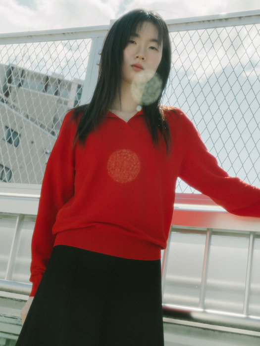 COTTON LOOSE COLLAR KNIT TOP_RED