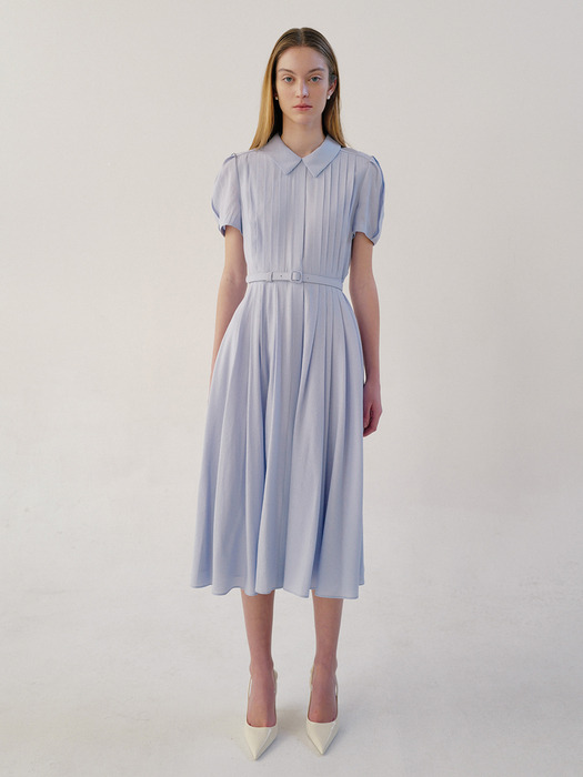 LILITH Stand collar pin tucked long dress (Cornflower blue/Light pink)
