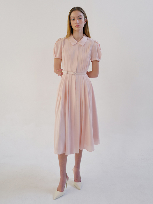 LILITH Stand collar pin tucked long dress (Cornflower blue/Light pink)