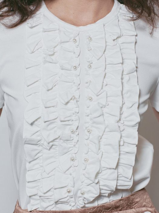 WHITE BEADED FRILL FRONT  T-SHIRT