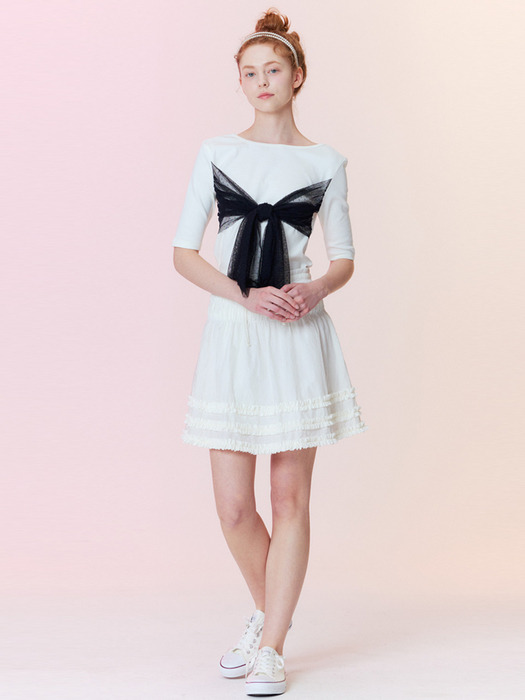 Shining shirring mini skirt_White