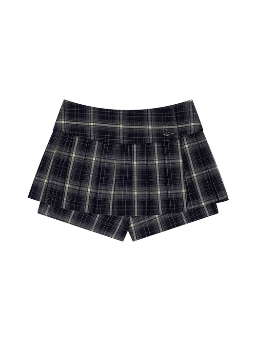 CHECK PLEATS MINI SKIRT SHORTS, NAVY