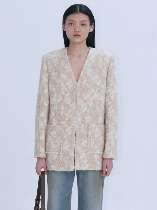 WOOL V-NECK TWEED JACKET - BEIGE