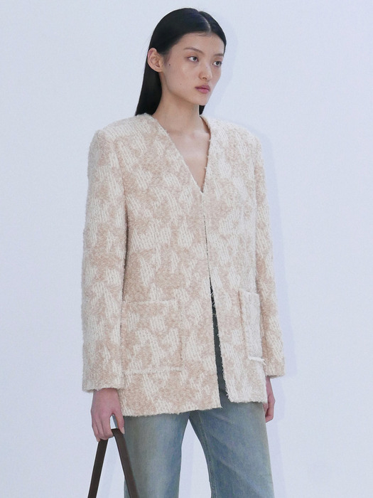 WOOL V-NECK TWEED JACKET - BEIGE