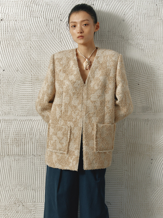 WOOL V-NECK TWEED JACKET - BEIGE