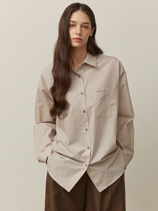 Over fit stripe ad embroidery shirts - beige