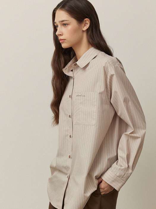 Over fit stripe ad embroidery shirts - beige