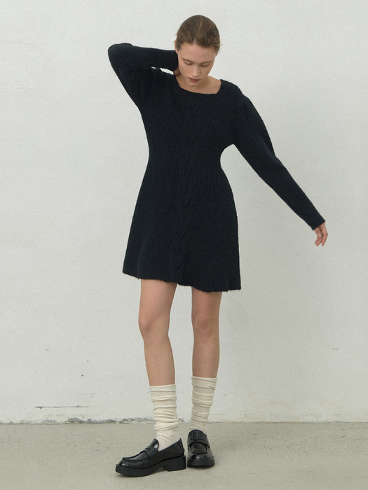 CABLE PUFF SLEEVE KINT DRESS(OP-6233)