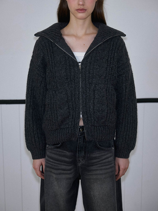 Two-way Twist Knit Zip-up [Charcoal]