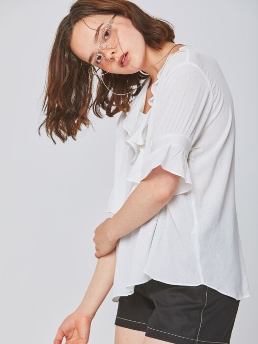 WHITE FRILL V NECK BLOUSE