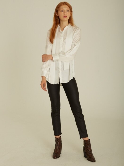 Tie-Neck Pleated Satin Blouse_White