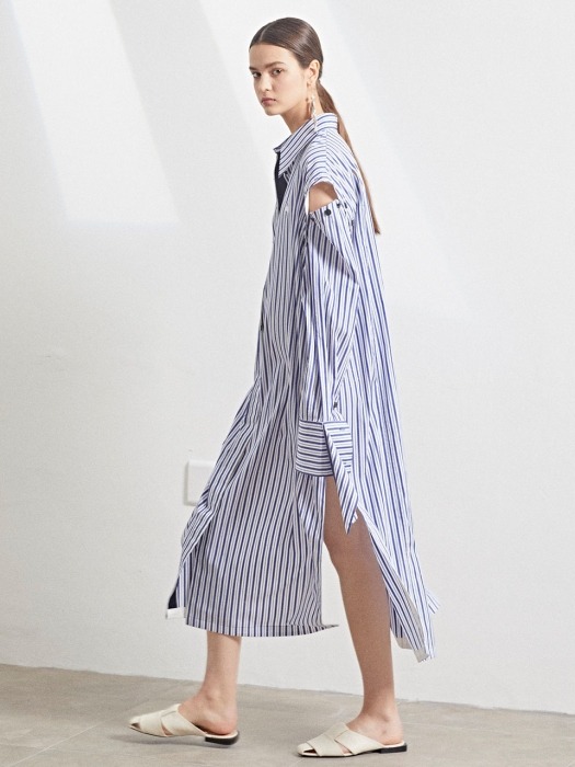 Rhea sleeve detachable long shirt dress_Blue stripe