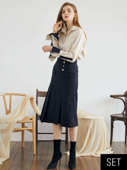 [SET] wide cuffs shirt IV＋unbalance pleats  check skirt NA