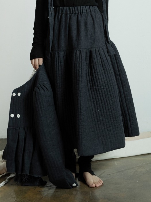 퀼티드 린넨 플레어 스커트 : Quilted linen flare skirt - Navy